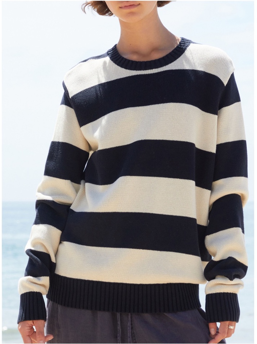Brandy Melville 100% Cotton Black & Cream Striped Thick Knit Crewneck Sweater